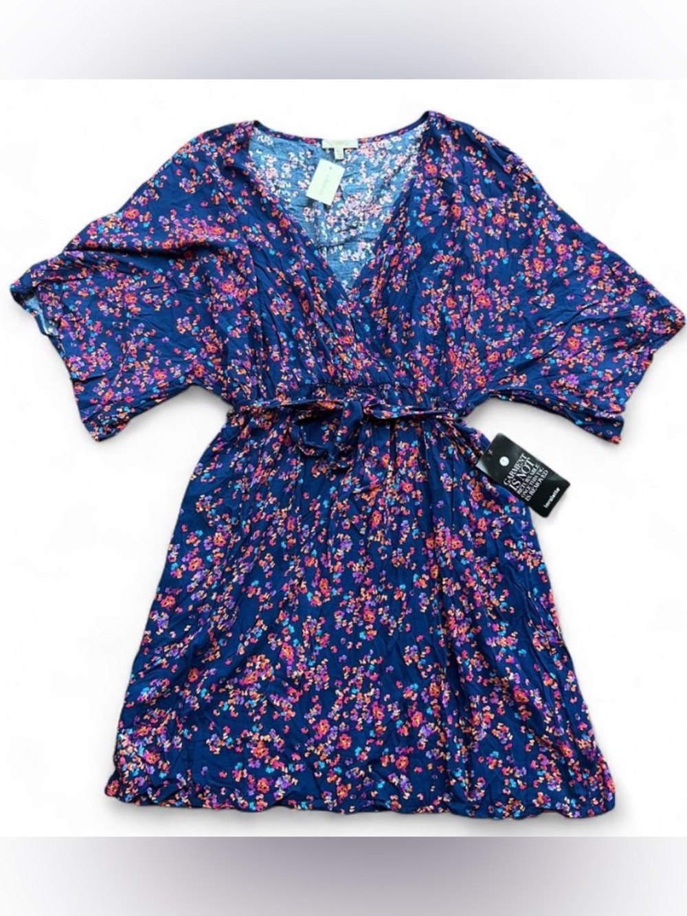 Whimsical Boho Blue Ditsy Floral Faux Wrap Dress with Tie Waist